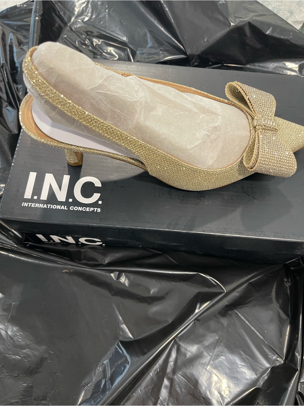 INC International Concepts Glitter Gold Bow Slingback Kitten Heels